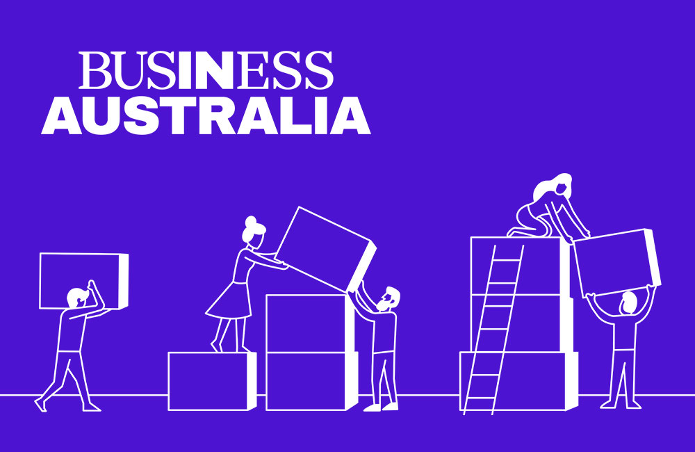 Illustration Business Australia brand with people stacking boxes